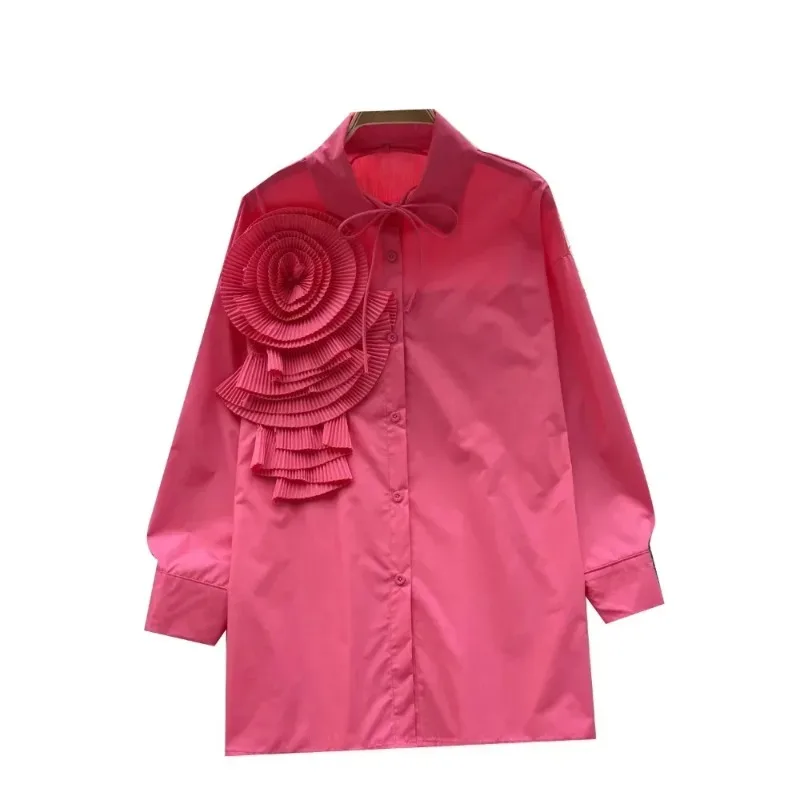 Franse Chic Vrouwen Blouse Mode 3D Bloemen Lange Bladerdeeg Mouw Turn-down Kraag Lace Up Herfst Vrouwelijke Tops Dropship