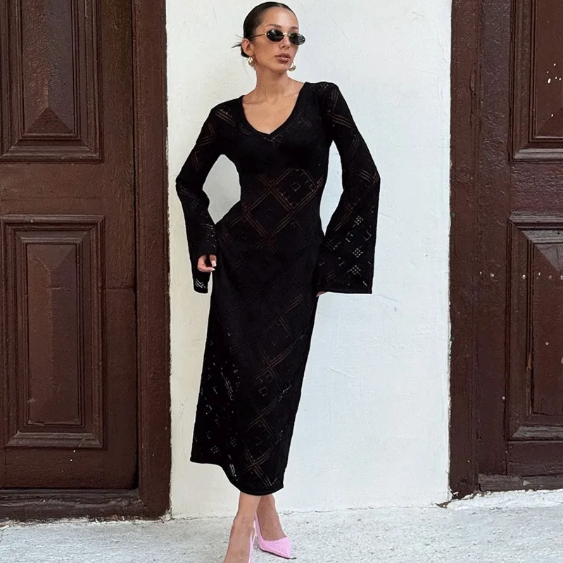 

Ticketsx Women's Sexy Knitted Dress Elegant New V-neck Hollow Out See Through Long Dress Vintage Beach Vacation Vestidos Summer
