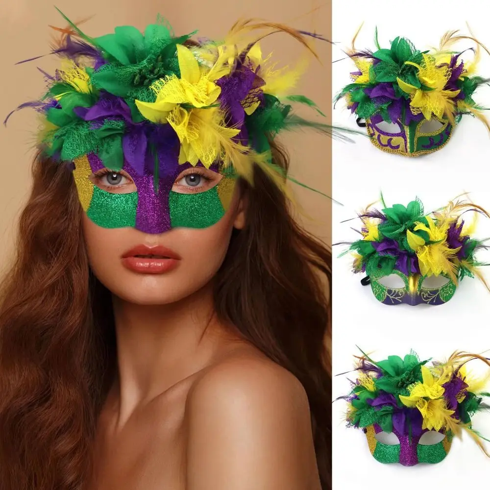 Creative Half Face Masquerade Painted Mask Plastic Handmade Feather Flower Mask Festive Party Eye Mask St.Patrick’s Day Theme