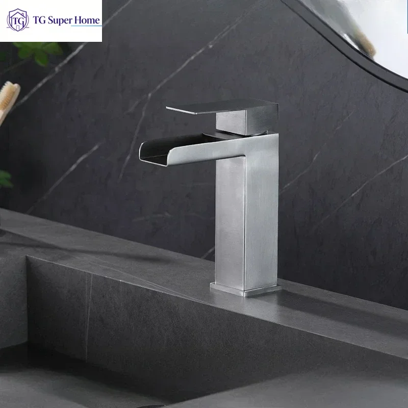 Brushed silver flat-spout waterfall tap Bowl-mounted Undermount basin tap Overmount basin tap