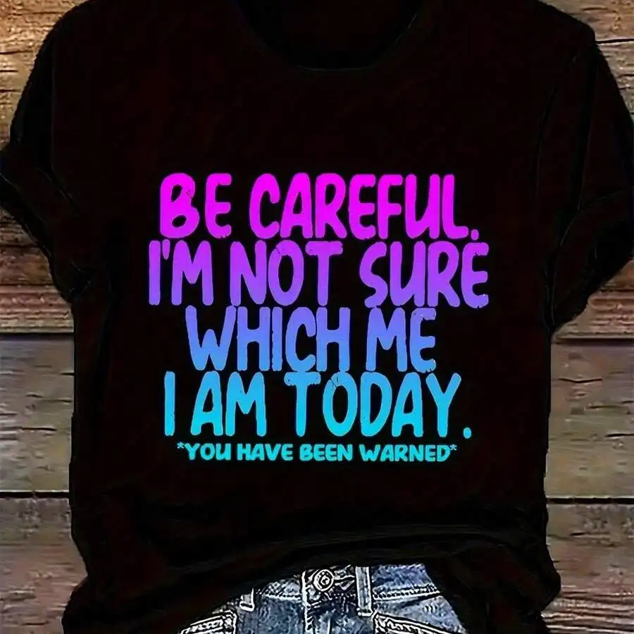 

Womens Funny Letter Print Loose Crew Neck Short Sleeve T-Shirt Black Casual Summer Top
