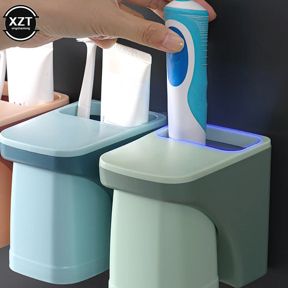 Wall Mount Magnetic Bathroom Gargle Toothbrush Cup Holder Anti-dust Draining Mug Bathroom Cup Lover Family Set Toothbrushing Cup