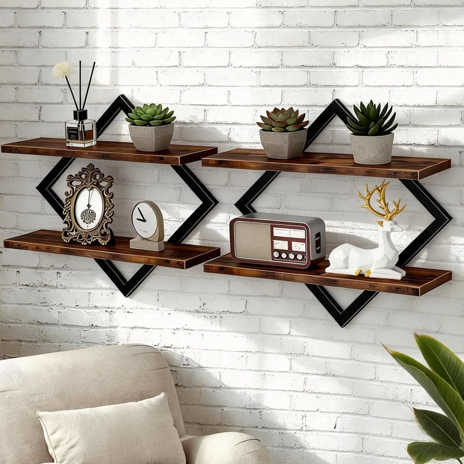 

Floating Shelves, Wall Shelf 2-Tier, 15 Inch Wall Mounted Storage Shelves Set of 2, Hanging Shelves Brown and Black, fo
