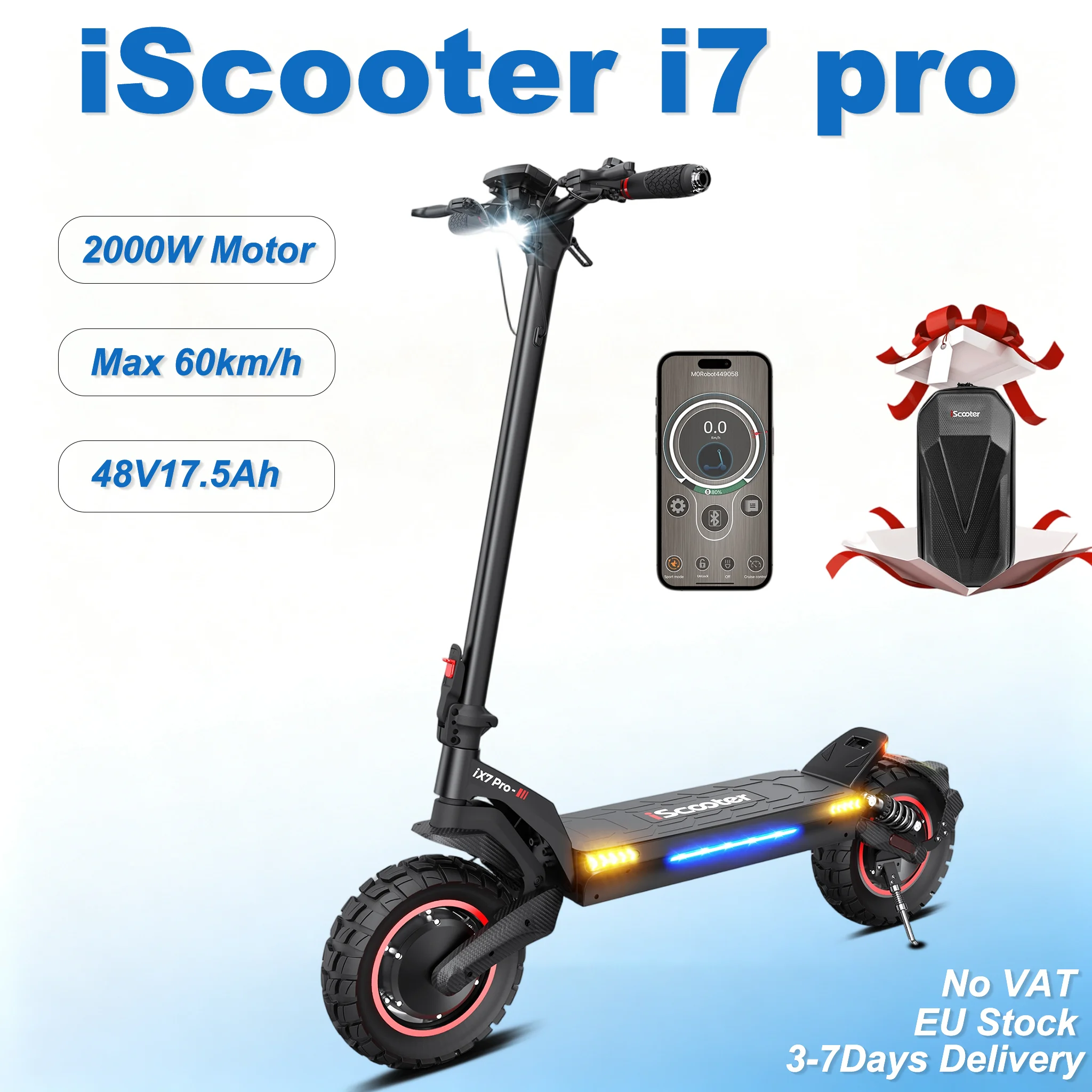 Image of iScooter iX7 Pro Offroad E-Scooter für Erwachsene,2000W Doppelantrieb,48V 17,5Ah Lithium-Akku,10 Zoll rutschfeste schlauchlose Reifen,Höchstgeschwindigkeit 60 km/h,Klappbar,Stoßdämpfung,APP-Steuerung