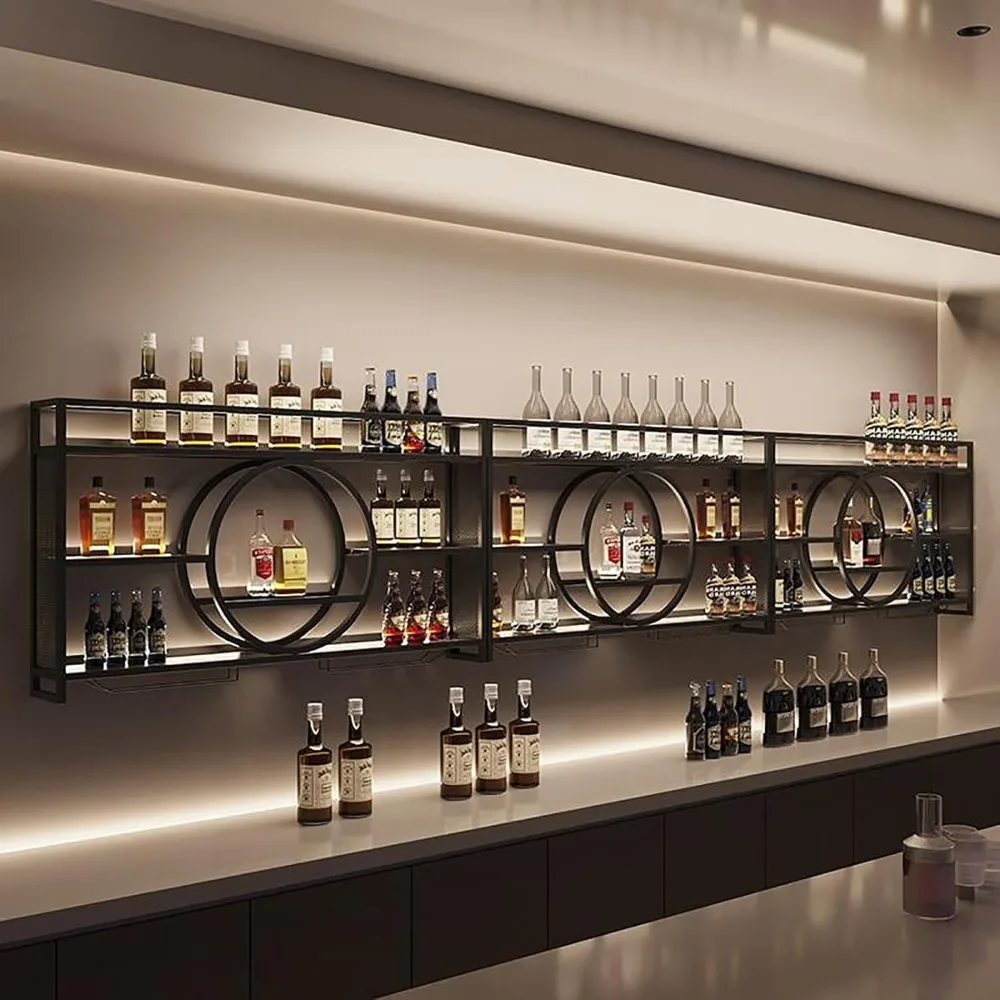 ชั้นวางไวน์ติดผนังแบบโมเดิร์น พร้อมไฟ LED และที่แขวนแก้วไวน์, ชั้นวางเหล้าแบบเหล็ก, ชั้นวางไวน์ติดผนังแบบลอย, บาร์