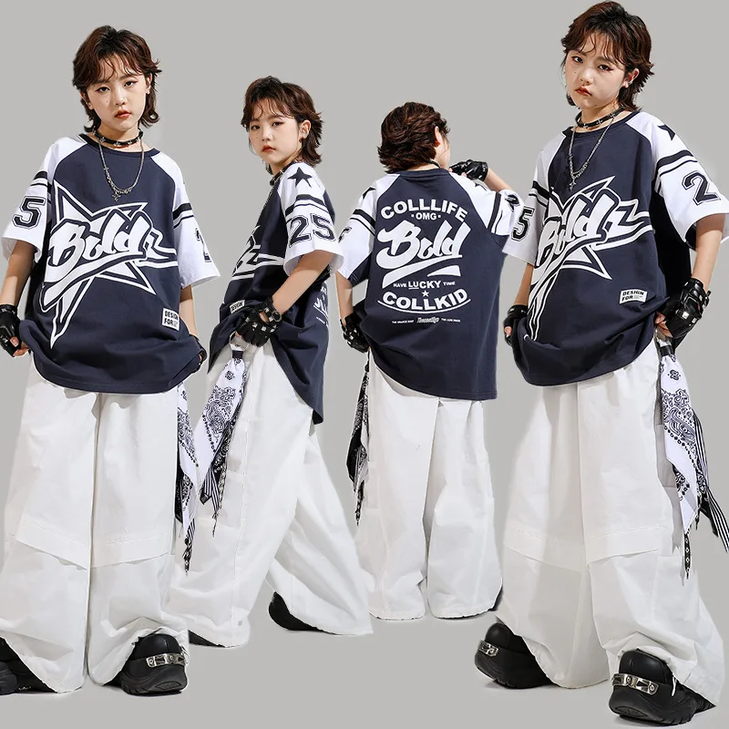

Kid Kpop Hip Hop Clothing Navy Blue Print T Shirt White Casual Wide Parachute Pants for Girl Boy Jazz Dance Wear Costume Clothes