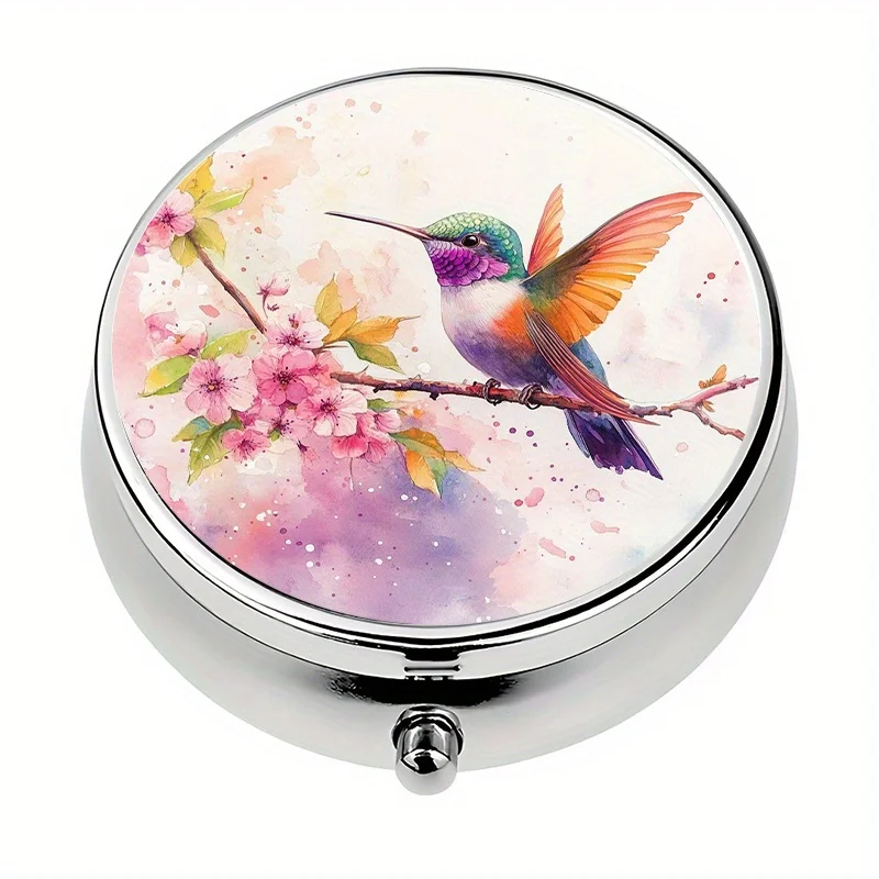 1-piece pill box, 3-compartment mini pill box with watercolor hummingbird and cherry blossom theme, medicine storage box, ideal for travel and storing vitamins