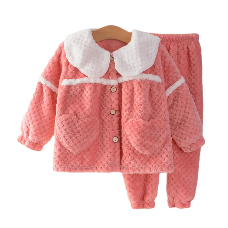 Children's Pajamas Suit Autumn Winter 2024 New Thickened Flannel Princess Pajamas Girls Lapel Warm Home Clothes Suit 2-10Y