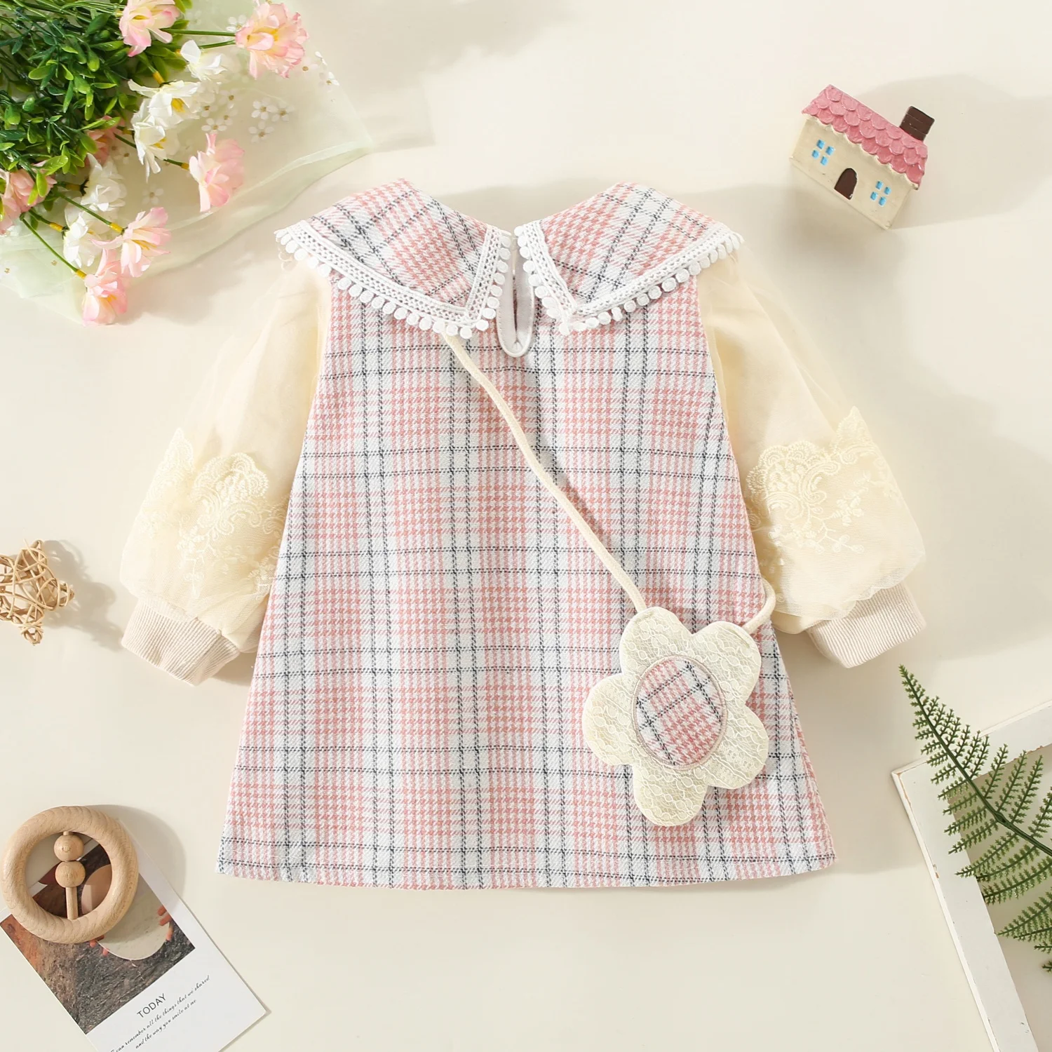 0-2 Years Spring Baby Girl Dress Flower Embroidered Organza Long Sleeved Baby Dress Girl Doll Collar Plaid Dress Send Bag
