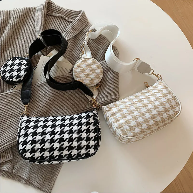 Female Vintage Plaid Printing Shoulder Bags with Mini Round Purse Pendant Women Bags Casual Small Crossbody Bags 2pcs Composite