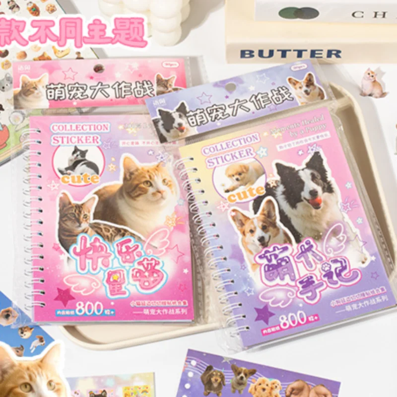 2Pcs Die Cut Coil Sticker Book Cat Dog Pattern PET Decals for Scrapbooking Journal DIY Craft Supplies
