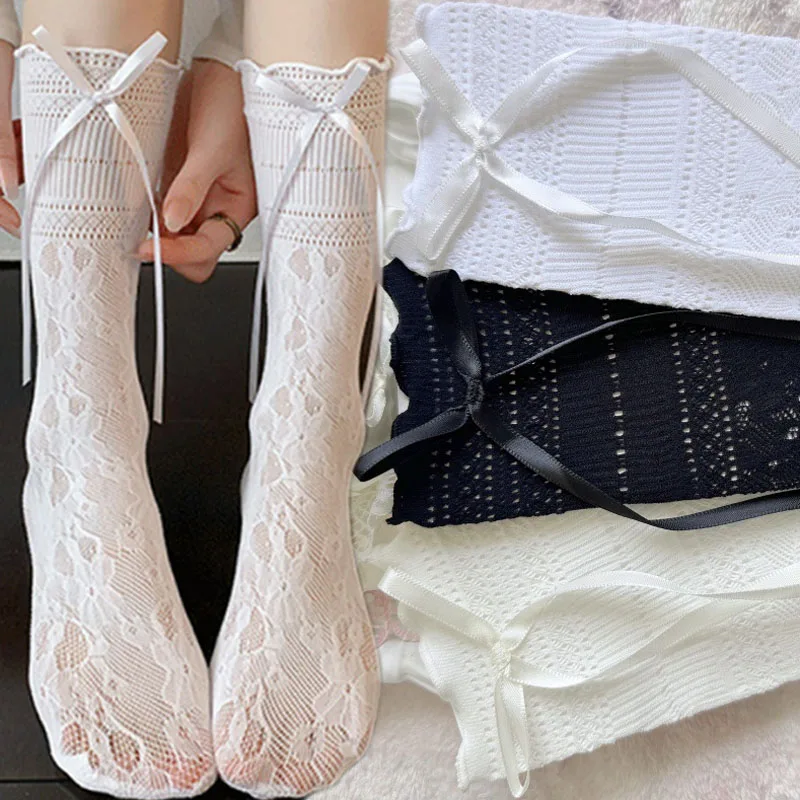 

Носки в стиле Sweet Lolita с бантом и лентой, сексуальные кружевные сетчатые чулки с цветочным узором, средней длины, для девочек, эластичные, дышащие, хлопковые