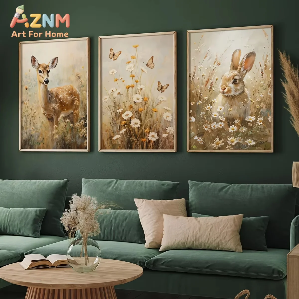 AZNM Charming Rabbit Flower Butterfly Deer Animal Canvas Print Spring Wildflower Nature Wall Art Poster for Easter Home Decor