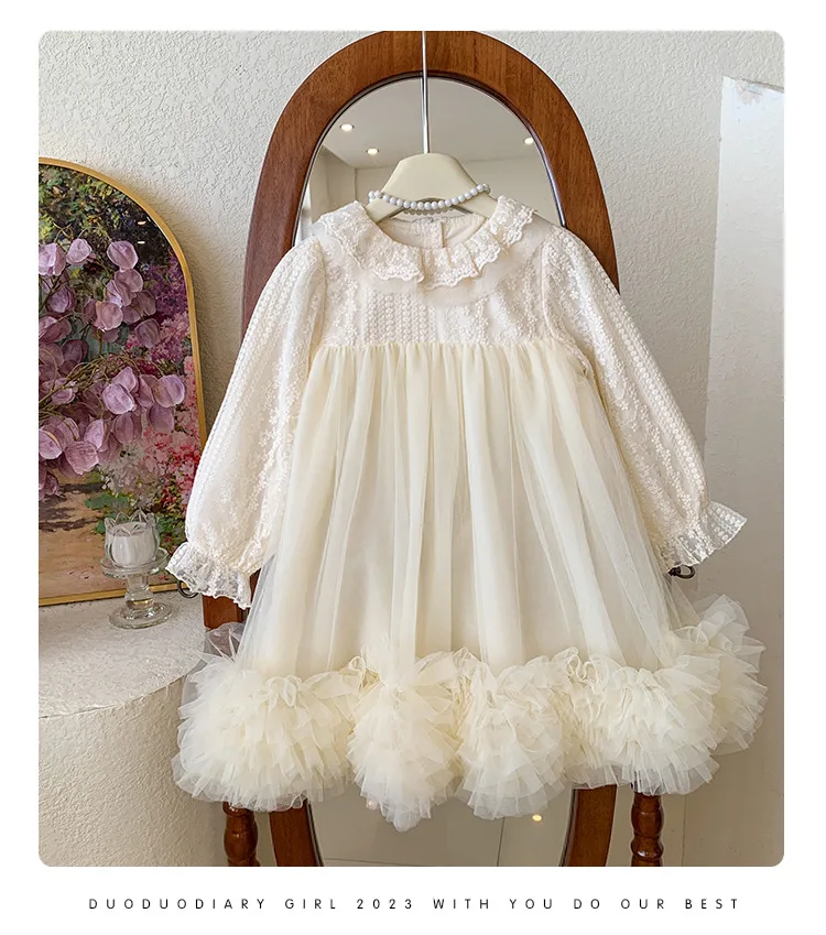 2026 New Baby Fall Girls Boutique Lantern long Sleeve Mesh Tutu Dress , Princess Kids Sweet Fashion Party Dress  4-8 T