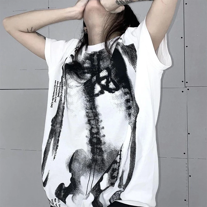 Y2K women clothing arcane stitch Bone Print and Millennial Punk Rock Short Sleeve T-shirt Men's and Fashion Loose Couple Tops