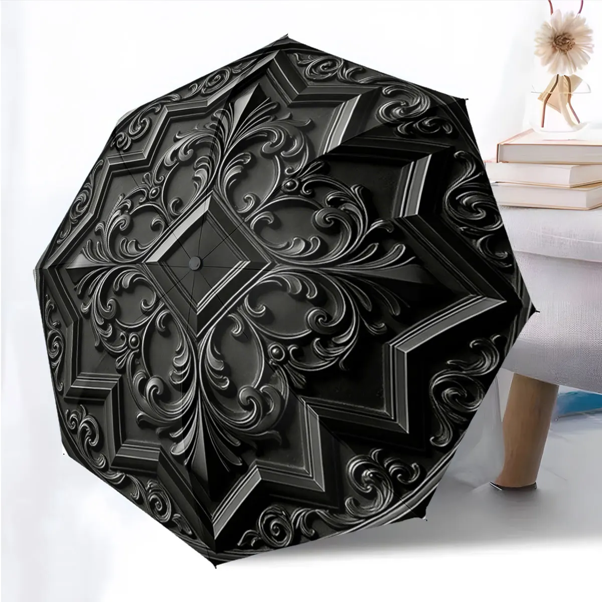 1PC Ornate Black Umbrella Design with Elegant Patterns Print 8 Iron Ribs Folding Umbrella Auto-Open Fashion Sunshade