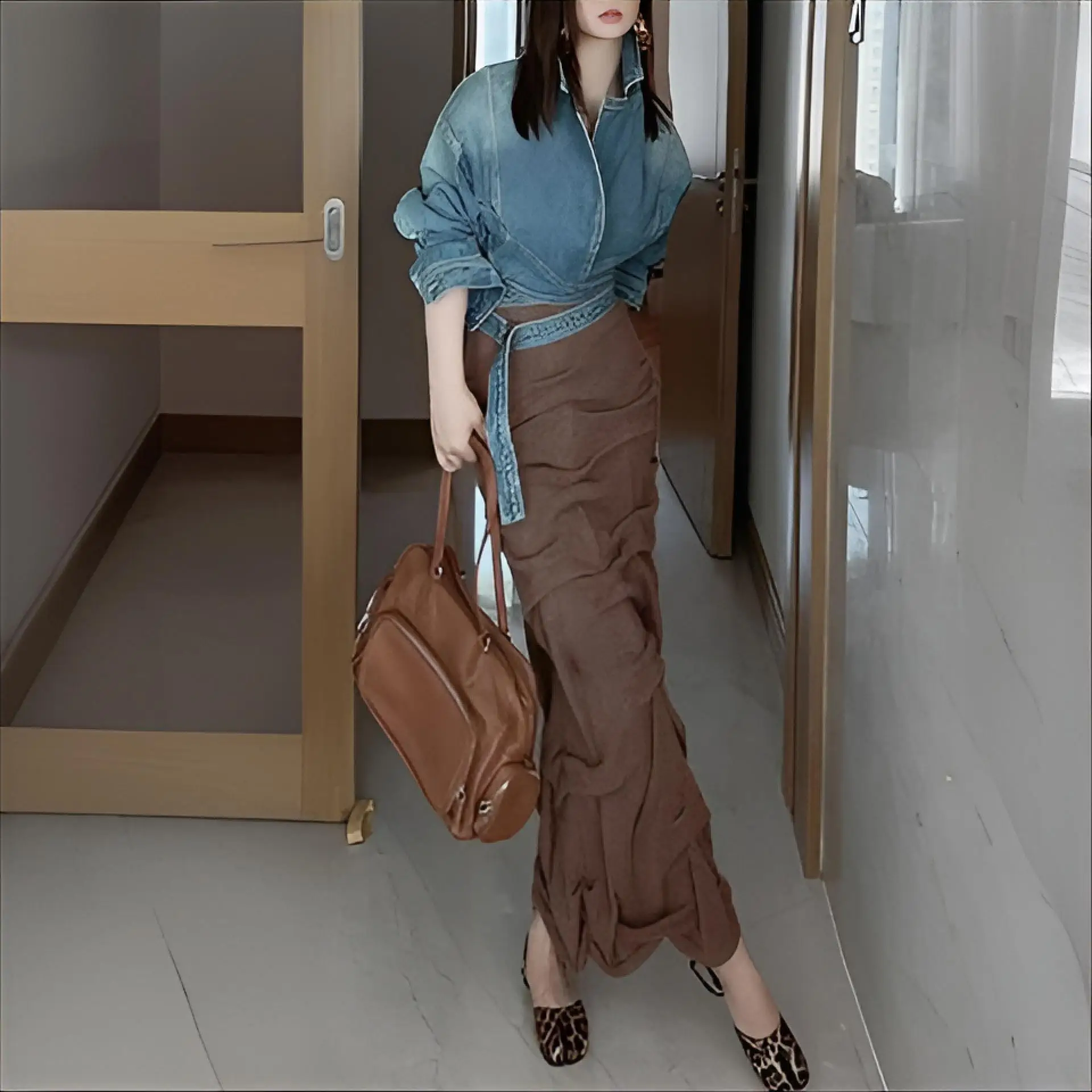 

Denim Coat Long Woman Womens Spring Tweed Belted Waistband Matching Vacation Youth Dopamine Layered Sashes Raglan French Style