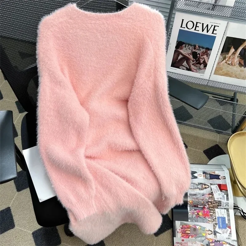 Korean Fashion Loose Imitation Mink Velvet Sweater Women Casual Solid Color Cardigan Warm For Female Outerwear Elegant Streetwea