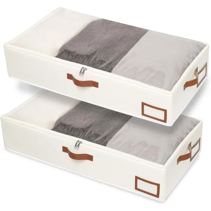 Under Bed Storage, 2 Pack Closet Organizers, Collapsible Container Bags, with Sorting Card Slot and 4 Leather Handles