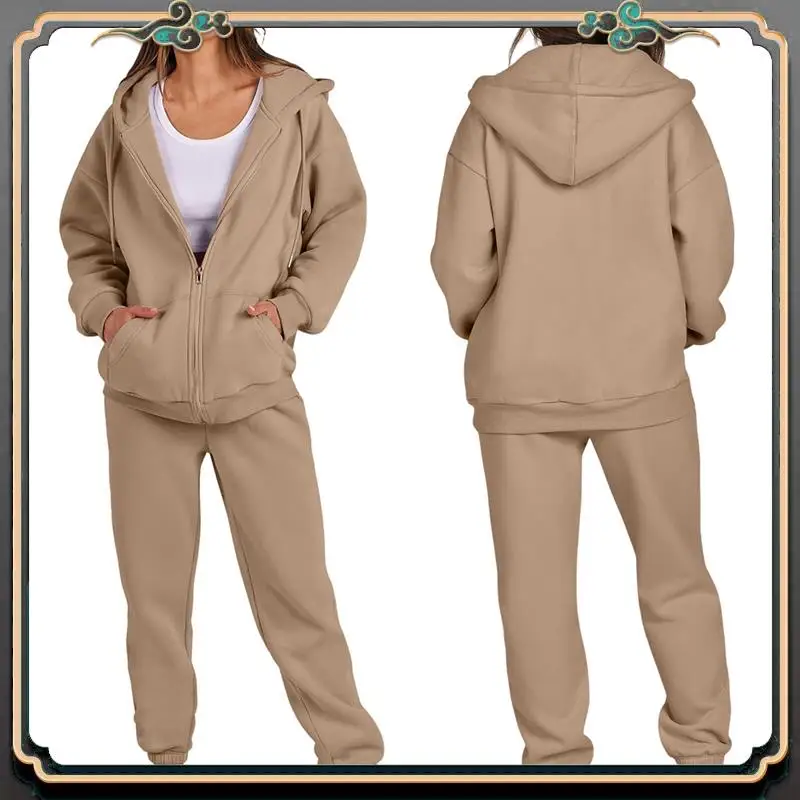 B11A-Mulheres zip up hoodies manga longa cor sólida outono casual moda jaquetas com calças conjunto