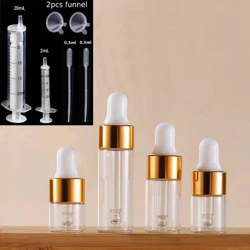 50pcs Glass Dropper Bottle Empty Transparent Gold Cap Perfume Pipette Essential Oil Aromatherapy small samples Bottles 1/2/3/5ml