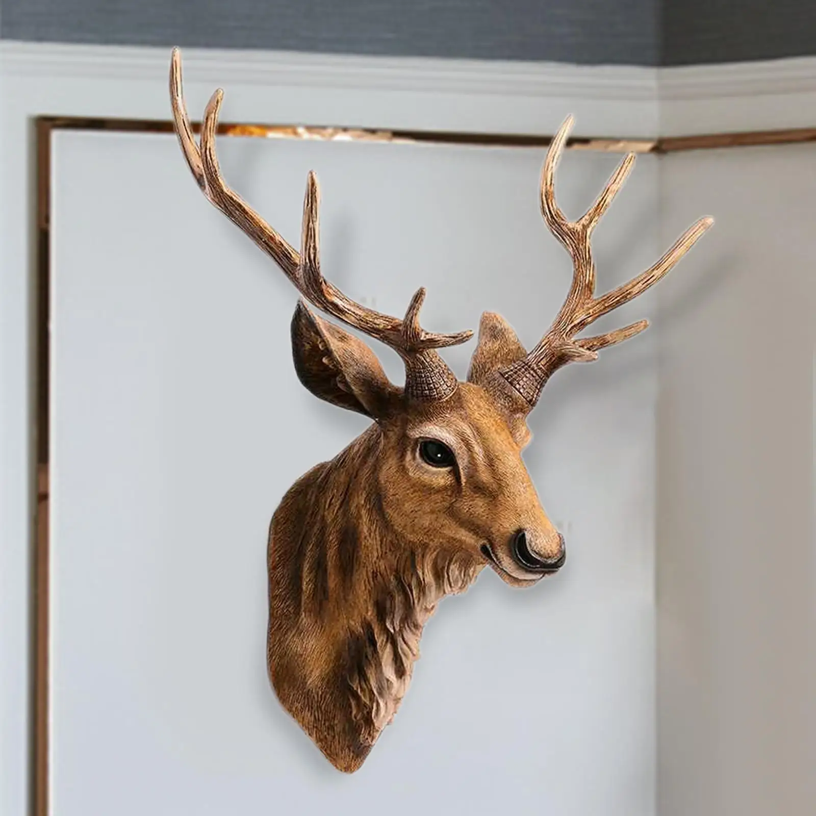 

Wall Mounted Faux Deer Head Sculpture Home Decor Rustic Deer Antler Stag Head Resin Ornament Art Statue for Farmhouse Fall Home