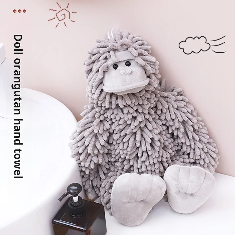 

Cute Gorilla Towel with Hanging Loop Gorilla Doll Hand Towel Chenille Fuzzy Animal Decorative Towel for Kitchen Bathroom