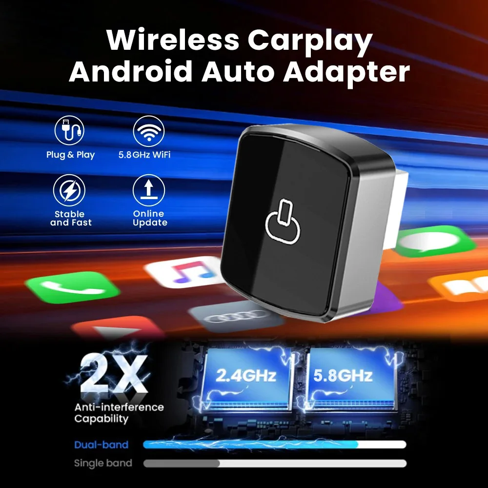 2in1 ワイヤレスCarPlayアダプター Android Autoドングル 高速接続 USBドングル ミニボックス 5.8GHz プラグアンドプレイ 有線CarPlay搭載車用
