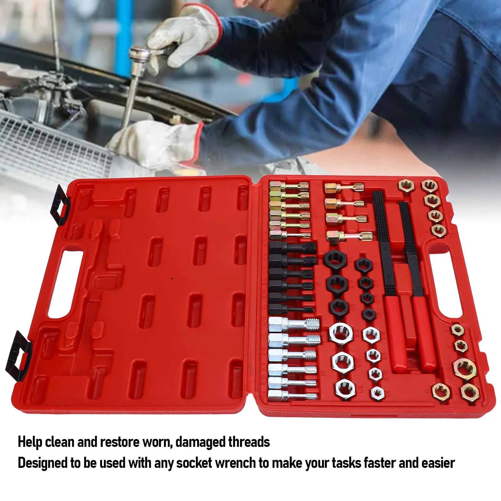 مجموعة أدوات المطارد المكونة من 48 قطعة بمقاسات متري وSAE 22 صنبورًا 24 قوالبًا وملفات خيط ومجموعة أدوات إعادة الخيوط