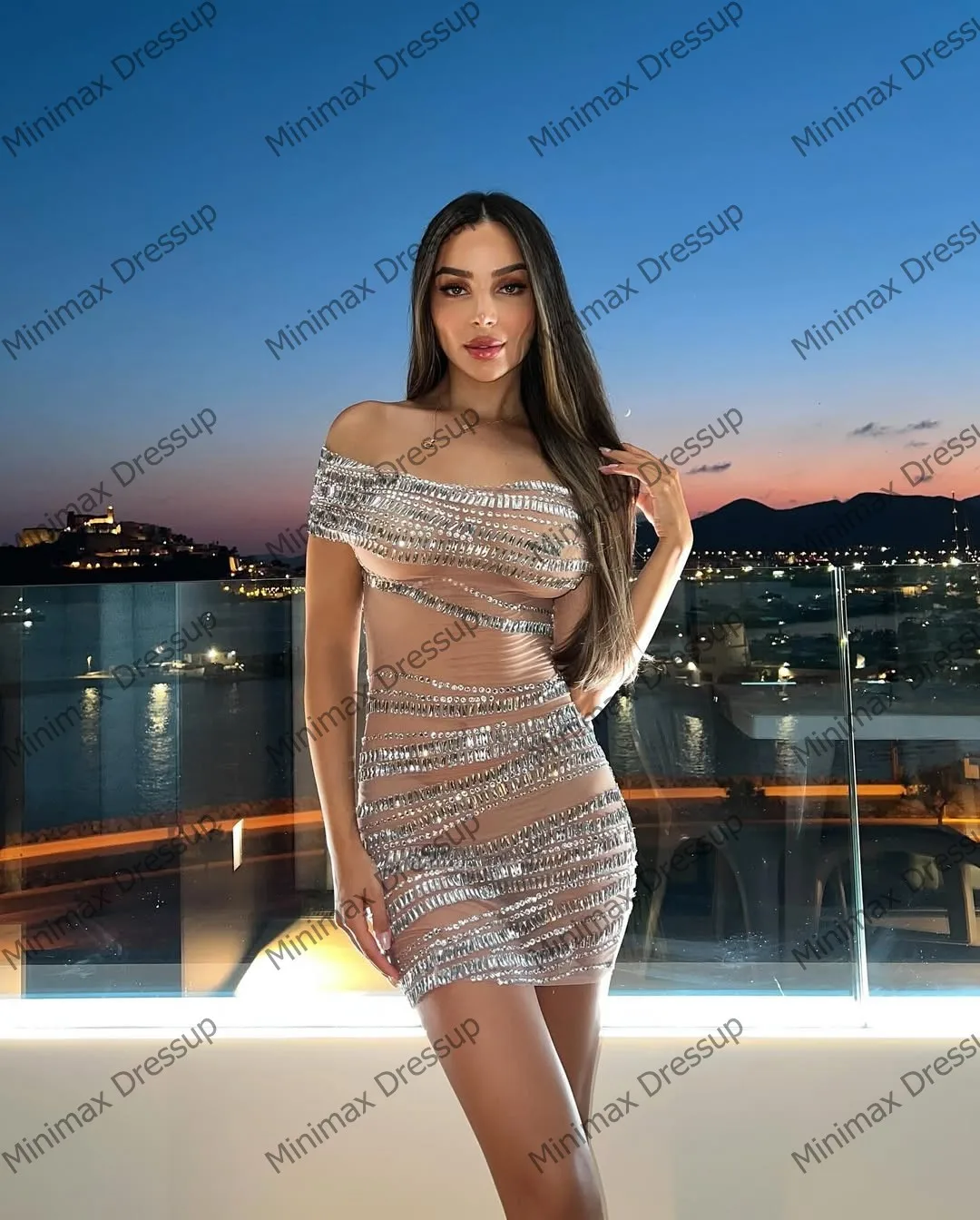 Glanzende kanten mini-cocktailjurken met pailletten voor dames Fonkelende zilveren kristallen Formele feestjurk Elegante avondjurken met mesh kralen