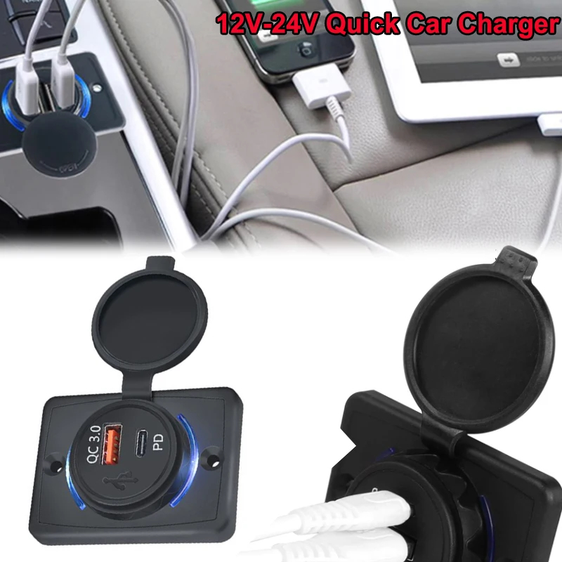 12V/24V QC3.0 USB PD Fast Charger Waterproof Car Socket Power Outlet Charging Adapter with Cover for Car Truck Boat ATV RV