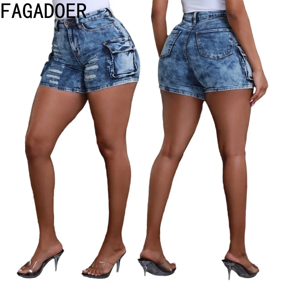 FAGADOER Fashion Tie Dye Blue Print Hole Pocket Denim Shorts Women High Waist Button Cargo Jean Female Elasticity Cowboy Bottoms