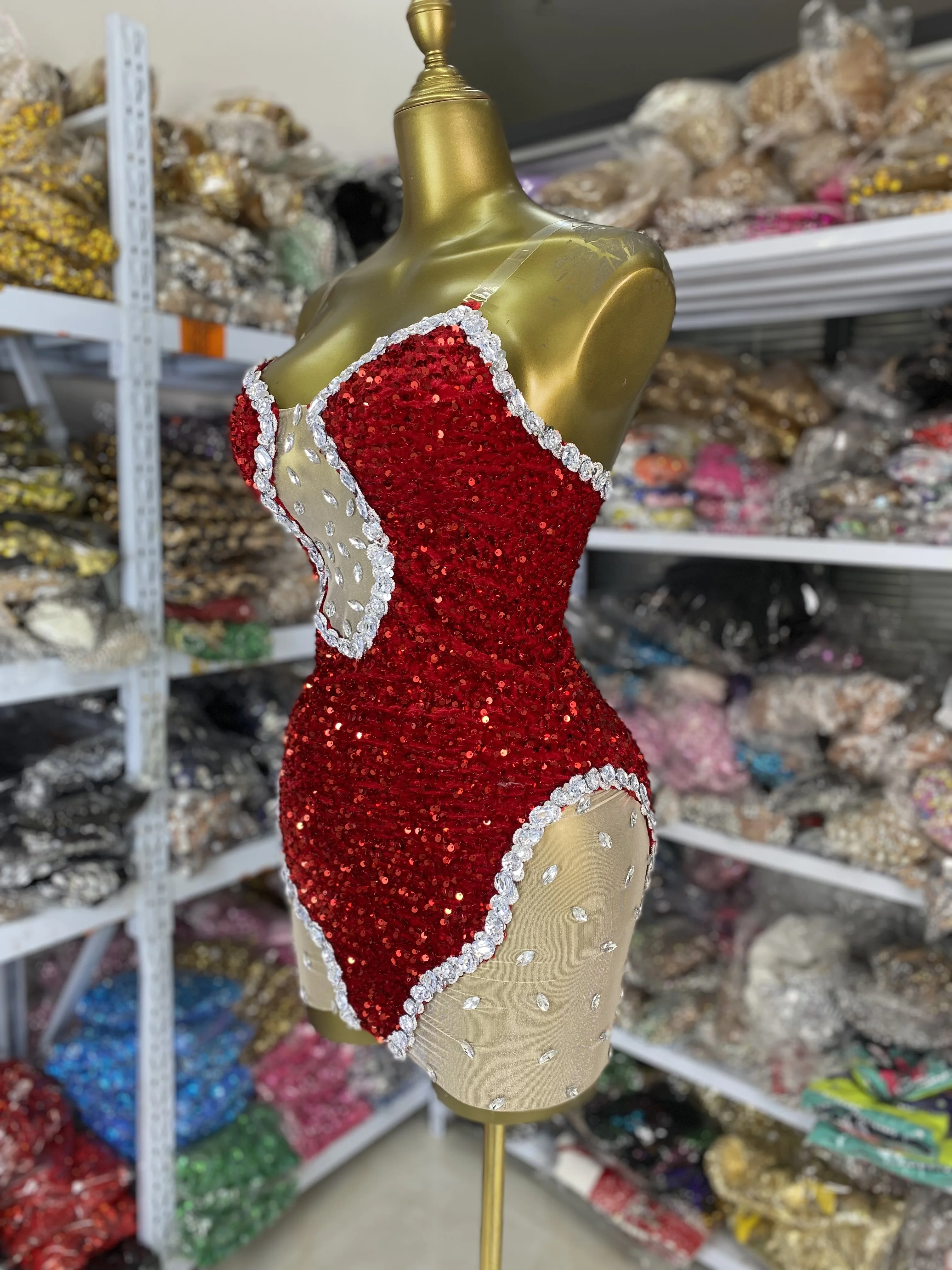 

Women Red Sparkly Rhinestones Sequines Tulle Inset Bodycon Mini Dress Stretchable Evening Club Party Birthday Photoshoot Dress
