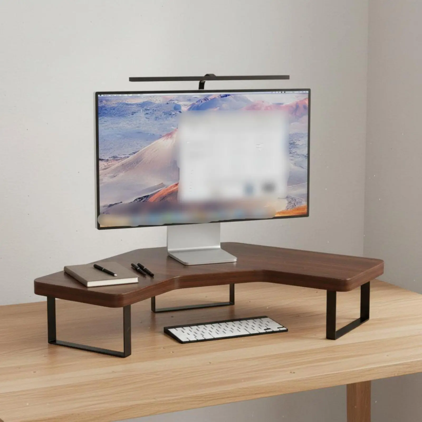 Desktop Computer Stand Elevated Wooden Monitor Riser L Shape Table Shelf Desk Organizer with Space Saving for Home Office