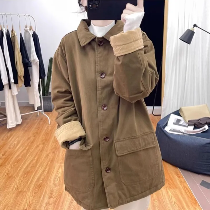 

Утепленная женская рабочая куртка из чистого хлопка средней длины с воротником, стеганая, в корейском стиле, с длинными рукавами, зимняя верхняя одежда