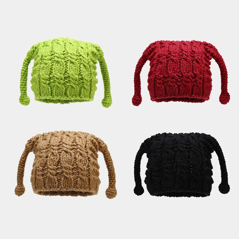 

New Trendy Cute Long Ear Knitted Hat Unisex Warm Winter Beanie Handmade Knit Cap Daily Outdoor Party Casual Men Women Headwear