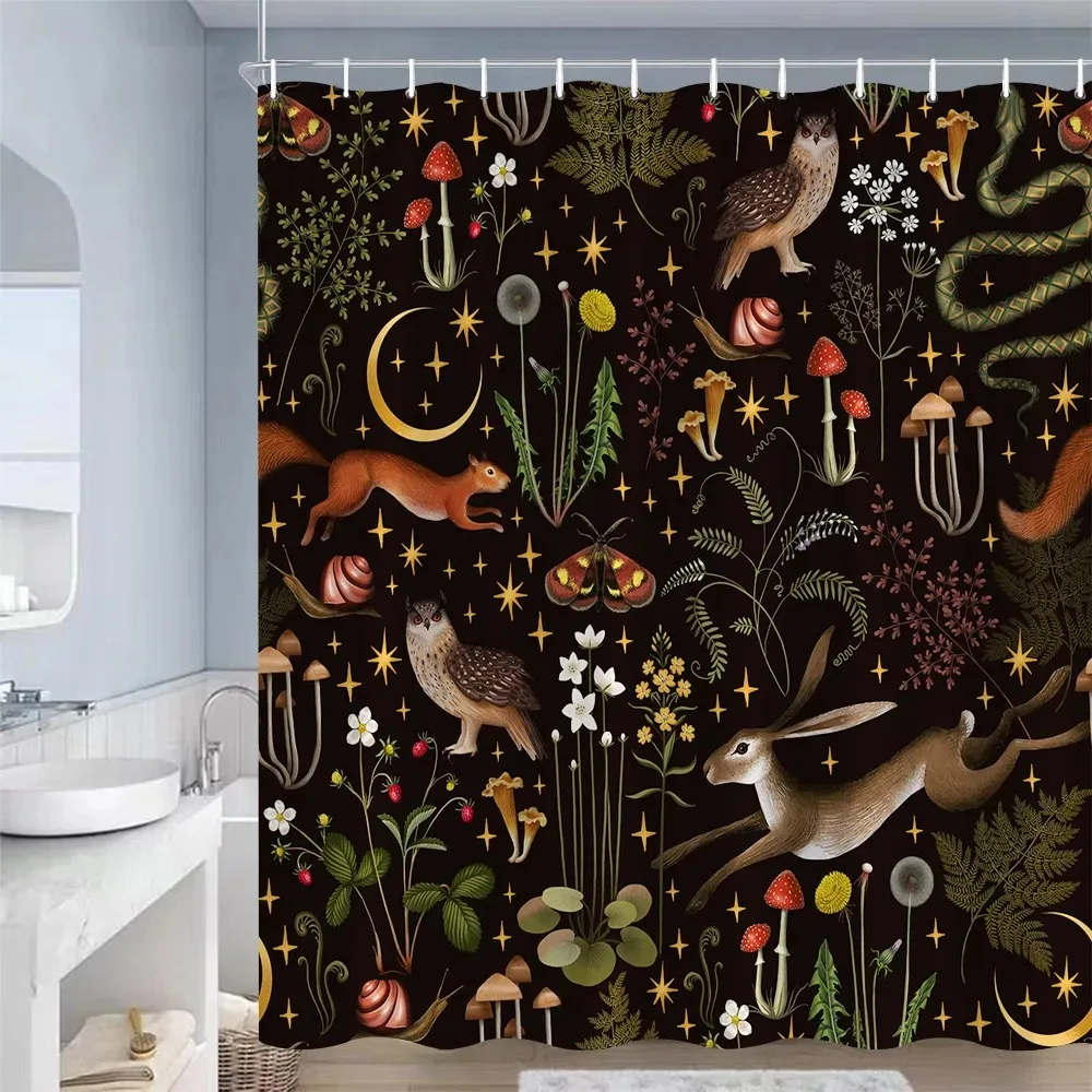 Vintage Mushroom Shower Curtains Nature Forest Woodland Butterfly Plants Flowers Bath Curtain Black Cloth Bathroom Bathtub Decor