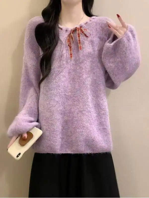 Lush Knitted Pure Color Loose Fit Sweater with Bow Detail Soft And Comfortable Autumn Winter Fashion Women's Top Slimming Bas...