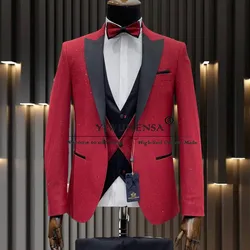 Sparkly Red Lurex Suits Men For Wedding Single Breasted Jaket Vest Pants 3 PCS Formal Business Groom Tuxedos Trajes Para Hhombre