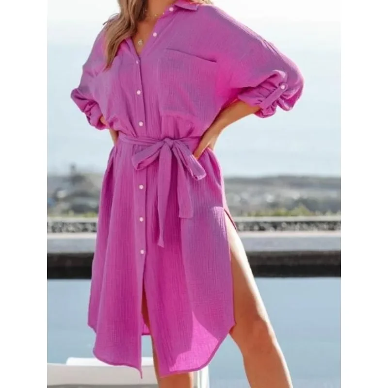 Nowa damska sukienka koszulowa z długim rękawem w jednolitym kolorze, damska odzież chroniąca przed słońcem w jednolitym kolorze, elegancka sukienka do pracy.