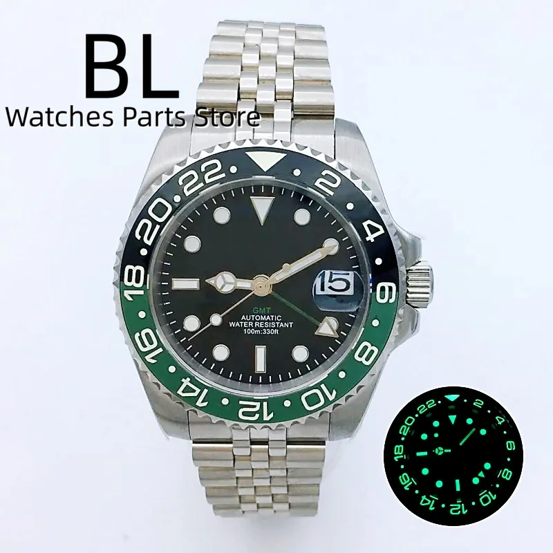 BLIGER 40mm NH34 GMT Watch For Men Luminous Black Green Blue Red Insert GMT Hands Text Sapphire Glass Black Dial Jubile Bracelet