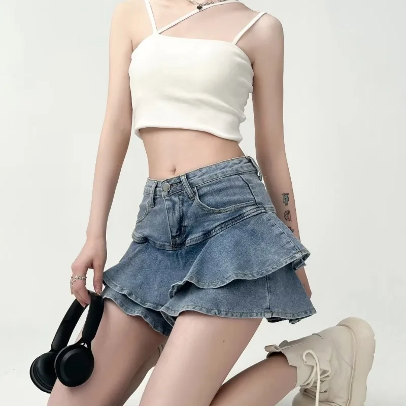 Y2k Skirts Women Summer Hot Ruffles Mini Design All-match Slim Simple Denim Retro Schoolgirls Streetwear Korean Style Faldas New