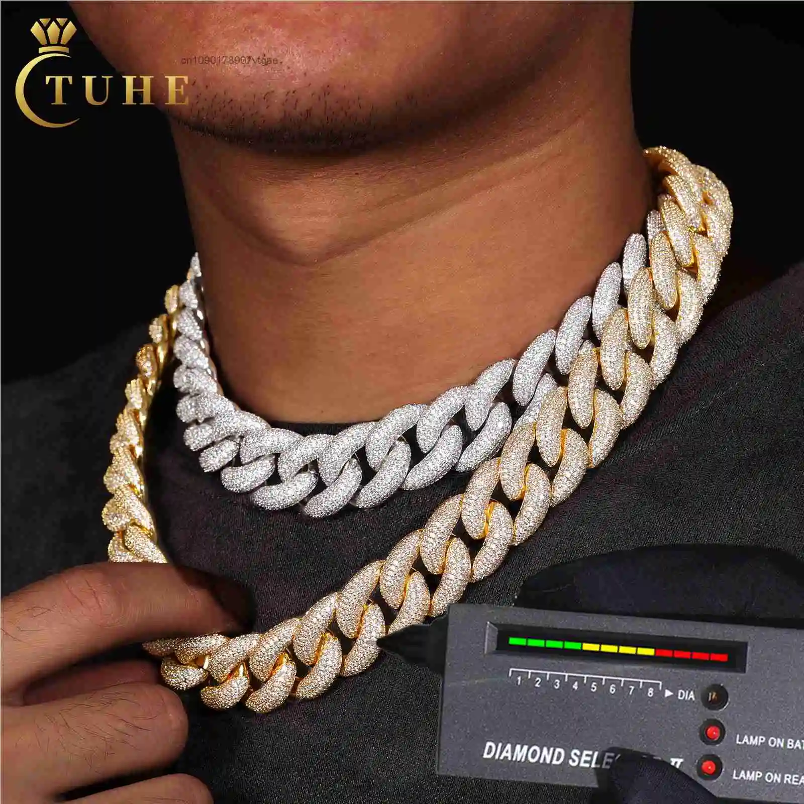 Paved Micro VVS Moissanite Diamond 14mm 16mm 18mm 20mm 925 Sterling Silver Hip Hop Jewelry Iced Out Cuban Link Chain Necklace.
