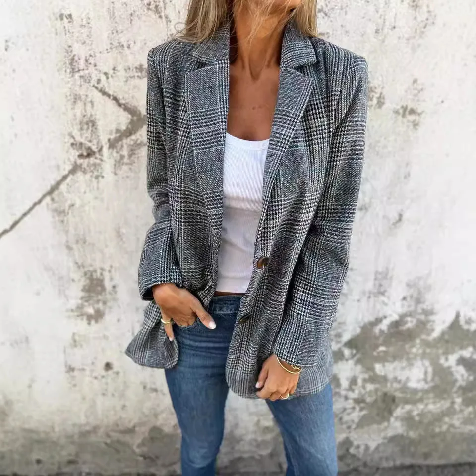 Women's Casual Elegant Autumn Winter Cardigan Coat Houndstooth Lapel Suit Blazer