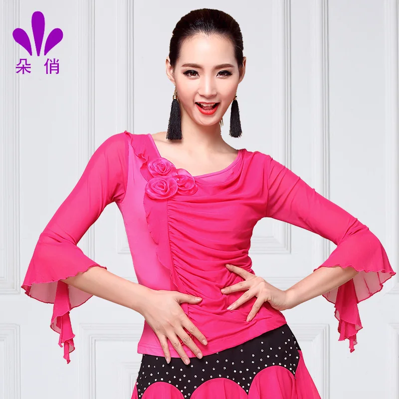 1pcs/lot fashion style woman latin dancing pleated blouse female sweet flower modern dancing top