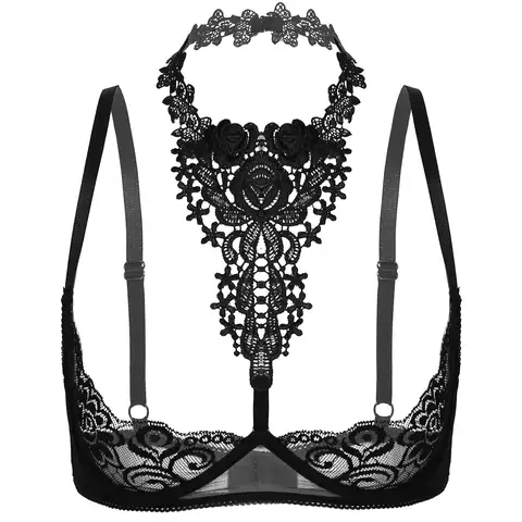 Womens Lace Bra Tops Erotic Tanks Transparent Floral Halter Bare Breast Underwear Bralette for Ladies Harness Lingerie Nightwear