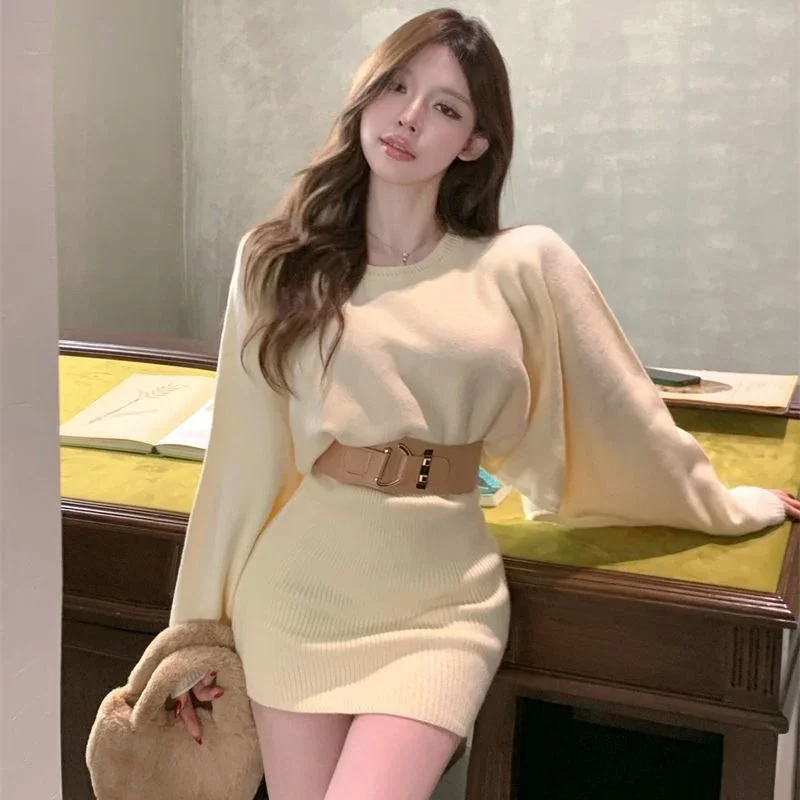 جديد الفرنسية Batwing كم فساتين صغيرة النساء خمر س الرقبة محبوك فساتين الخريف الخصر محرك سليم التفاف الورك فستان للمرأة #6