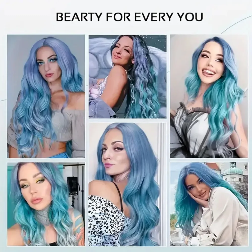 28in Mermaid Wig Ombre Blue Mixed Lilac Grey Wigs for Women Long Curly Wavy Middle Part Hair Synthetic Wigs for Cosplay Party image 6