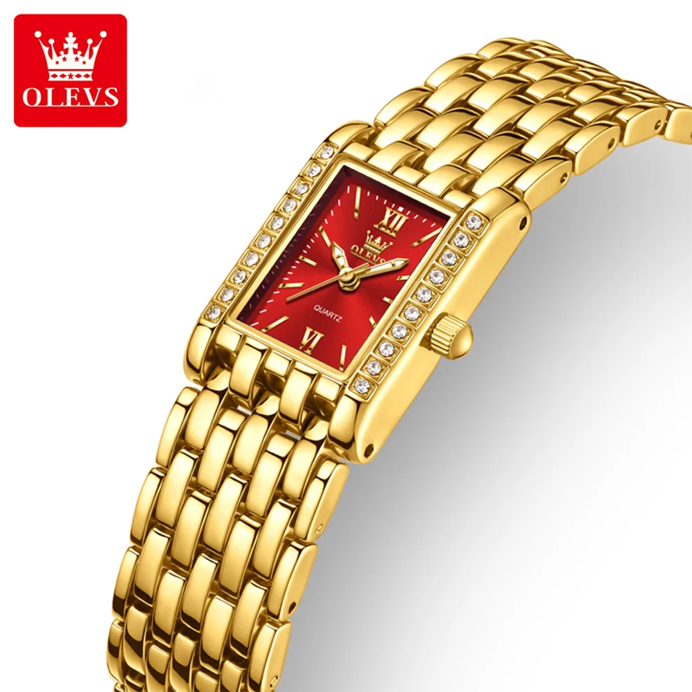 OLEVS Original Women Watches Gold Red Square Quartz Watch Waterproof Stainless Steel Watches For Woman Diamond Bezel Clock