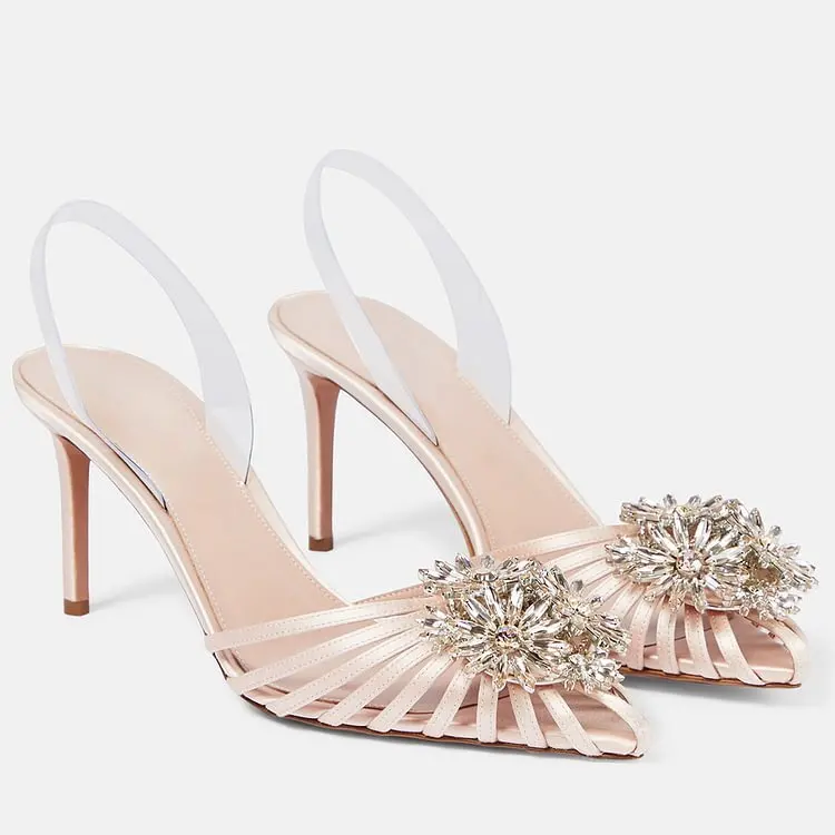 Women's Blush Satin Slingback Pumps Crystal Brooch Detail Stiletto Heel Glam Romantic Style for Bridal Events Forward Occasions